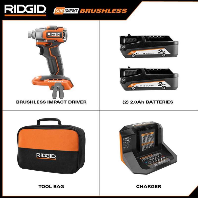 Kit de impacto inalámbrico sin escobillas RIDGID 18V SubCompact con batería de 2.0 Ah, cargador y batería adicional de 2.0 Ah - R8723K-AC8400802