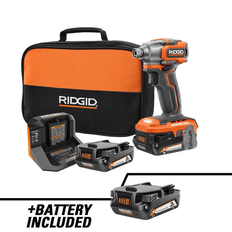 Kit de impacto inalámbrico sin escobillas RIDGID 18V SubCompact con batería de 2.0 Ah, cargador y batería adicional de 2.0 Ah - R8723K-AC8400802