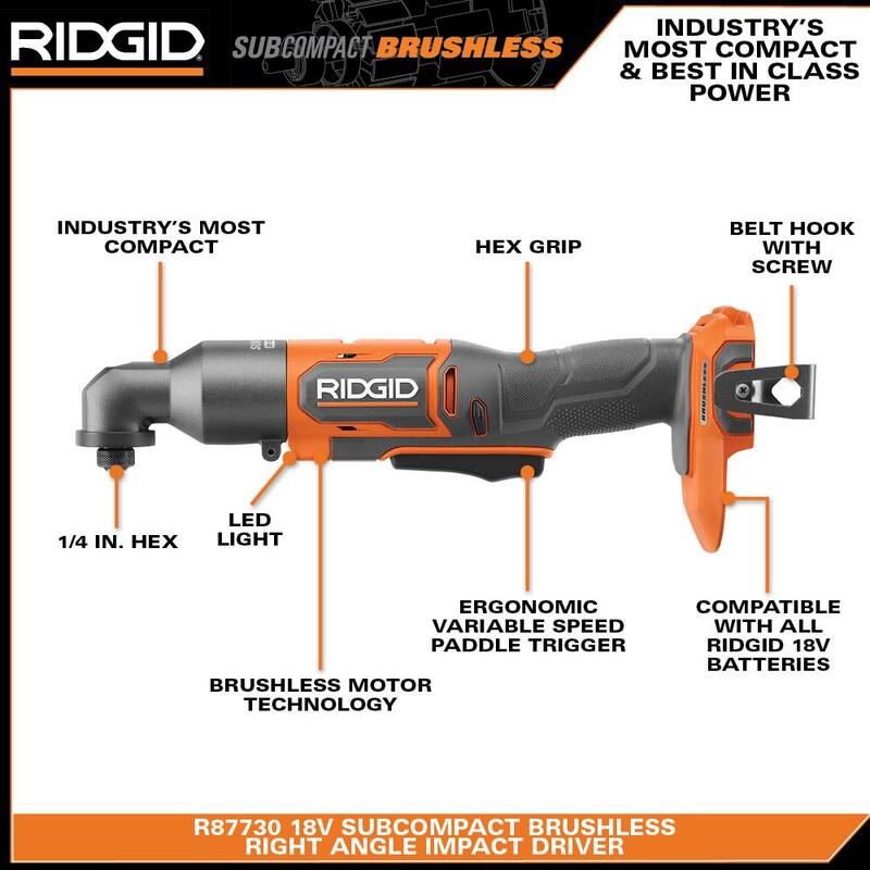 RIDGID 18V Atornillador de impacto angular derecho subcompacto sin escobillas con batería de 2.0 Ah y cargador - R87730B-AC9302