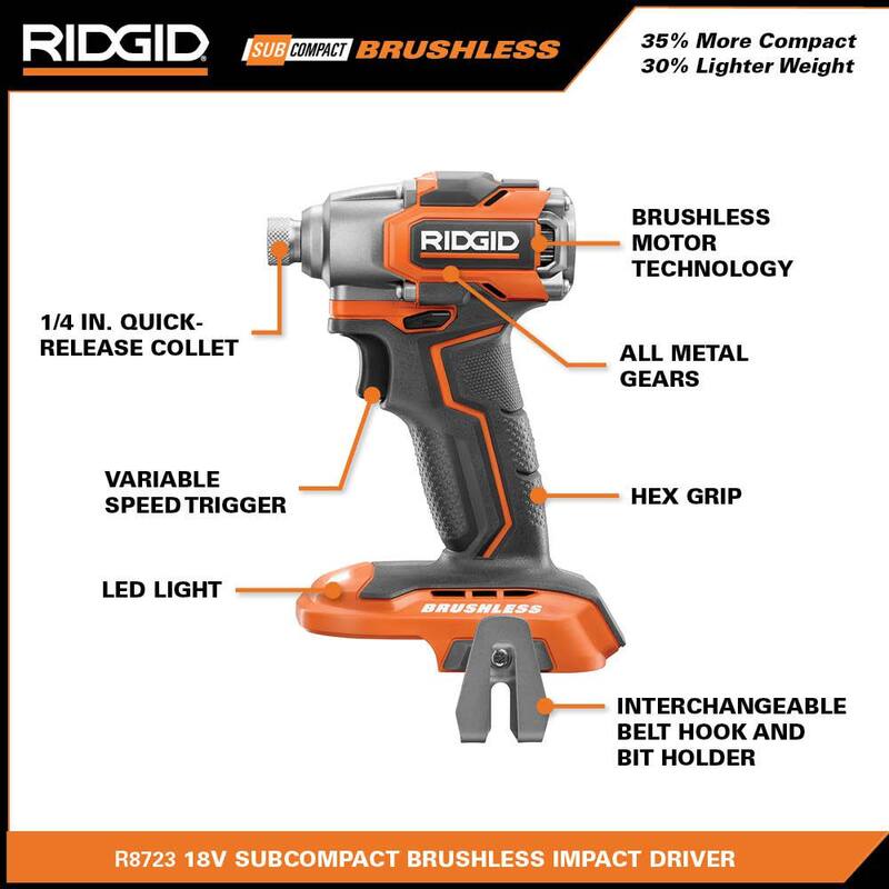 RIDGID 18V SubCompact Brushless Cordless 1/4 in. Impact Driver con Batería de Litio-Ion de 18V 1.5 Ah - R8723B-AC870015N