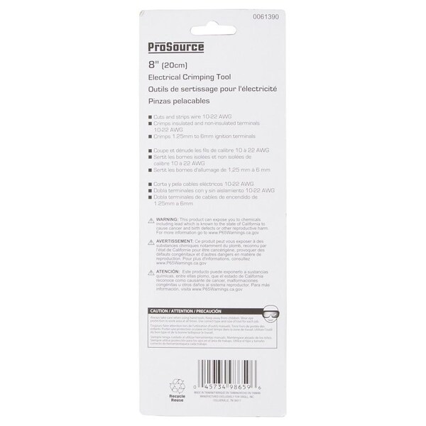 Prosource Cable Crimper, 10 to 22 AWG Wire, 10 to 22 AWG Stripping, 10 to 22 AWG Cutting Capacity - JL-SST-401183L