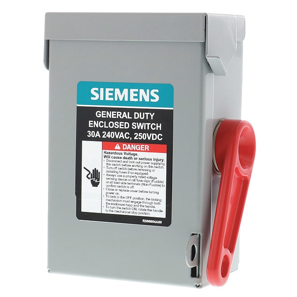 Interruptor de seguridad Siemens no fusible, servicio general, 240V AC, 2 polos, 30 A, NEMA 1 - GNF221A