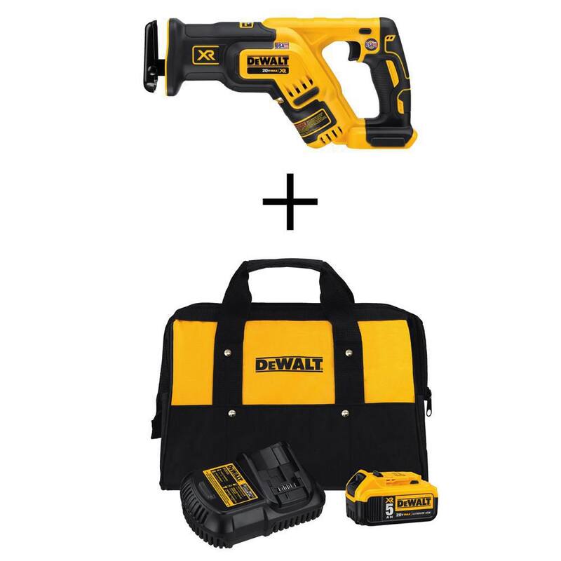 Sierra reciprocante compacta inalámbrica sin escobillas DEWALT 20V MAX XR con batería de iones de litio 20V MAX XR 5.0Ah, cargador y bolsa de kit - DCB205CKWCS367B.