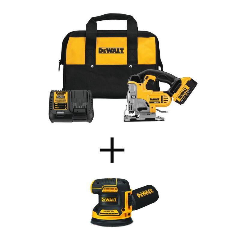Kit de sierra caladora inalámbrica DEWALT 20V MAX, lijadora orbital aleatoria sin escobillas de 20V y 5 pulgadas, y (1) batería de 20V 4.0Ah - DCS331M1WDCW210.