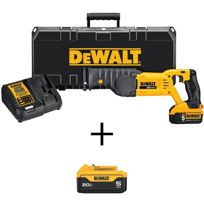 Sierra reciproca inalámbrica DEWALT 20V MAX de iones de litio, (2) baterías de 20V 5.0Ah, cargador y maletín - DCS380P1W205