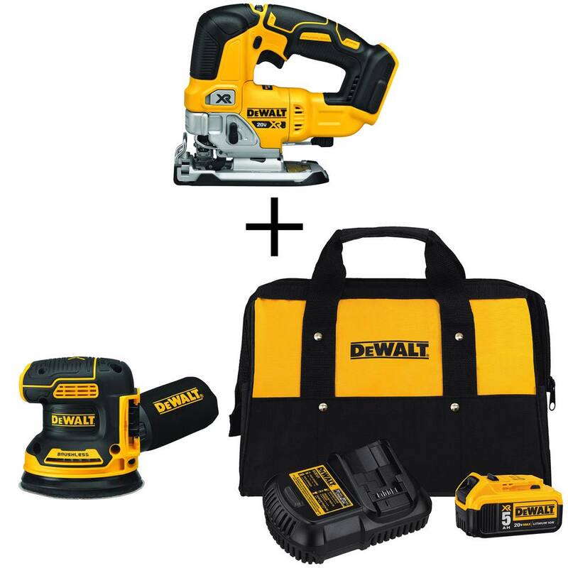 DEWALT 20V MAX XR Sierra de Calar Inalámbrica sin Escobillas, 5 pulgadas Lijadora Orbital Aleatoria, y (1) Batería de 20V 5.0Ah y Cargador - DCS334BW210205C.