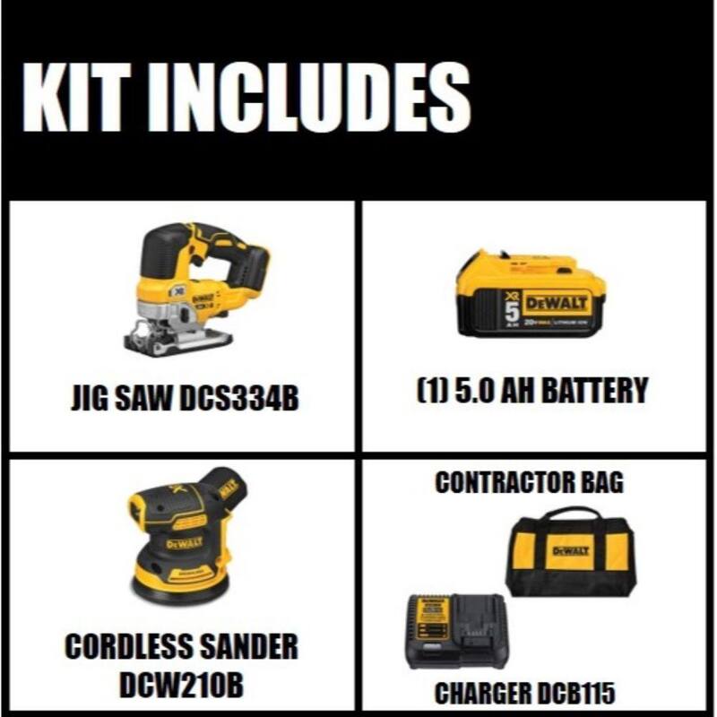 DEWALT 20V MAX XR Sierra de Calar Inalámbrica sin Escobillas, 5 pulgadas Lijadora Orbital Aleatoria, y (1) Batería de 20V 5.0Ah y Cargador - DCS334BW210205C.
