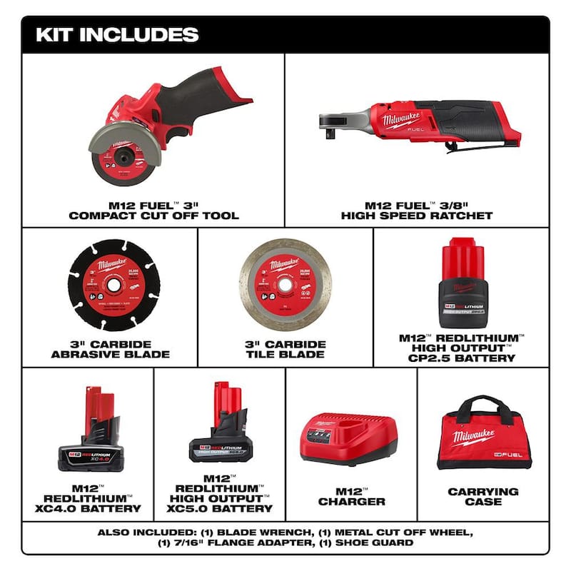 Kit de sierra de corte sin escobillas Milwaukee M12 FUEL 12V 3 in. de iones de litio inalámbrica y llave de trinquete de 3/8 in. con baterías de 5.0 Ah y 2.5 Ah - 2522-21XC-2567-20-48-11-2450-48-11-2425
