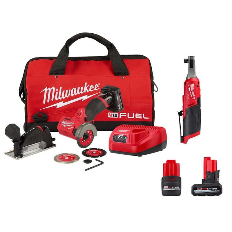 Kit de sierra de corte sin escobillas Milwaukee M12 FUEL 12V 3 in. de iones de litio inalámbrica y llave de trinquete de 3/8 in. con baterías de 5.0 Ah y 2.5 Ah - 2522-21XC-2567-20-48-11-2450-48-11-2425