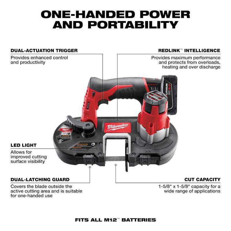 Si no hay alguna marca en el título, la traducción sería la siguiente:

Kit de sierra de banda subcompacta inalámbrica Milwaukee M12 12V de iones de litio con (1) paquete de batería de 3.0 Ah, cargador y herramienta rotativa M12 - 2429-21XC-2460-20
