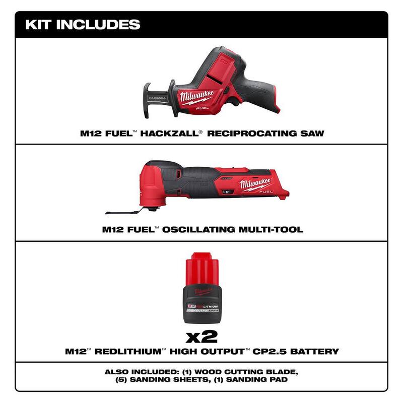 Milwaukee M12 FUEL 12V Lithium-Ion Brushless Cordless HACKZALL Sierra de sable recíproca y multi-herramienta con (2) Baterías M12 CP 2.5 Ah - 2520-20-2526-20-48-11-2425-48-11-2425