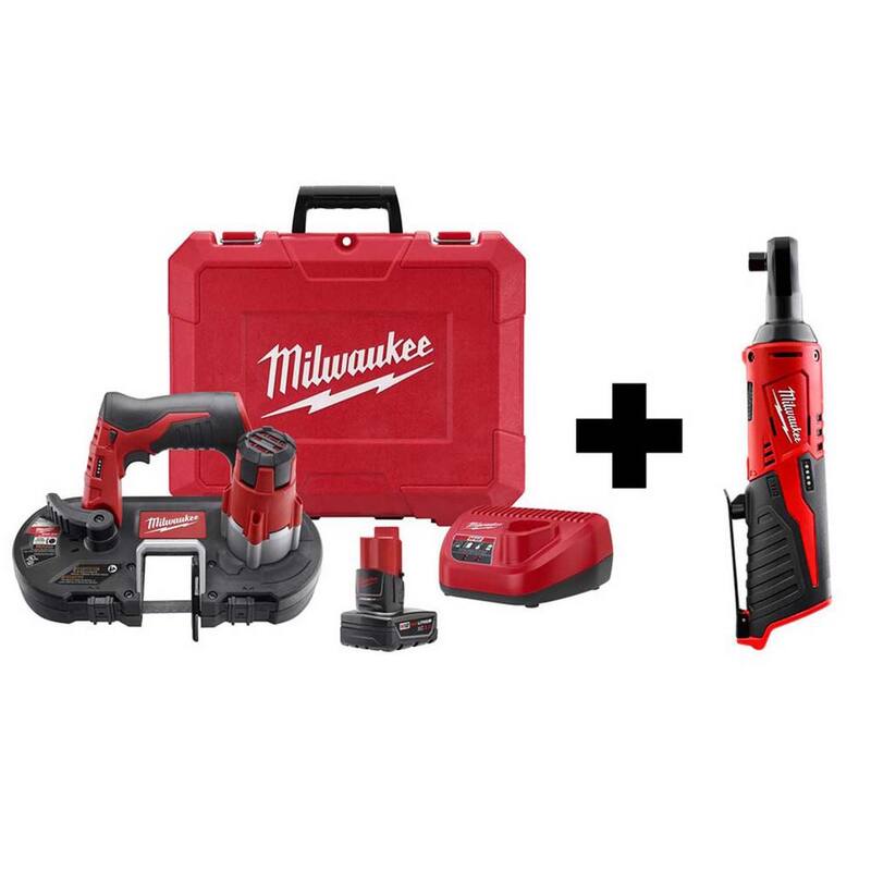 Milwaukee M12 Sierra de cinta subcompacta inalámbrica de 12 voltios con batería XC de 3.0 Ah y kit de M12 3/8 in. Llave de trinquete - 2429-21XC-2457-20.