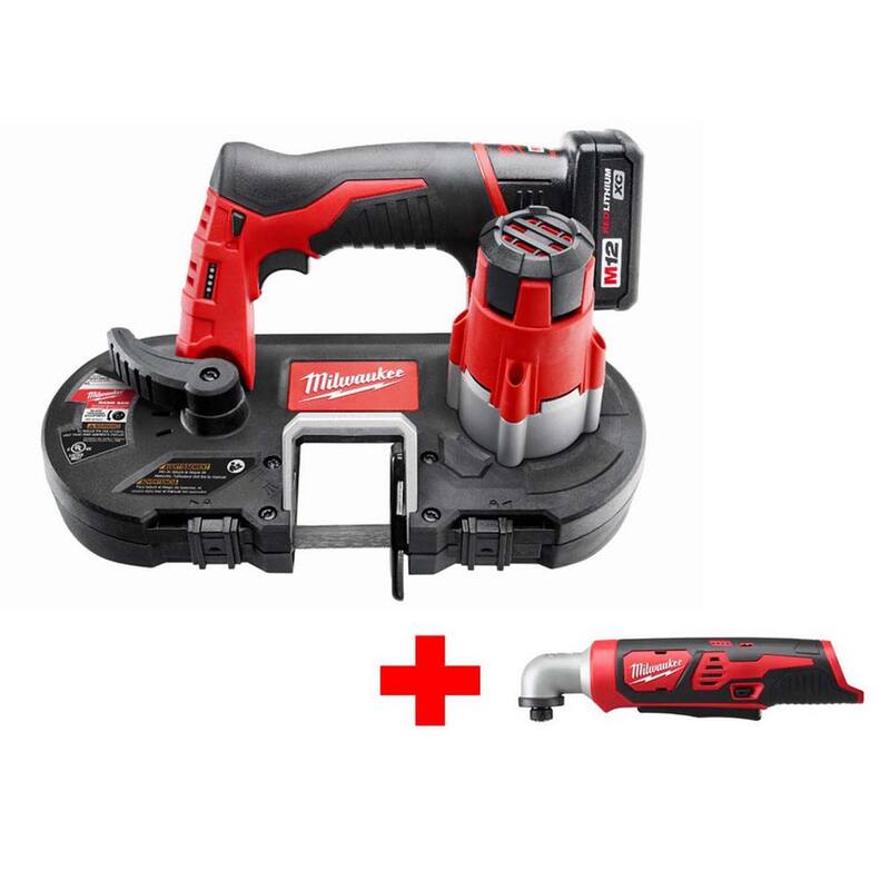 Sierra de cinta subcompacta inalámbrica de 12V de iones de litio Milwaukee M12 con (1) batería de 3.0 Ah, cargador y destornillador de impacto angular derecho M12 - 2429-21XC-2467-20.