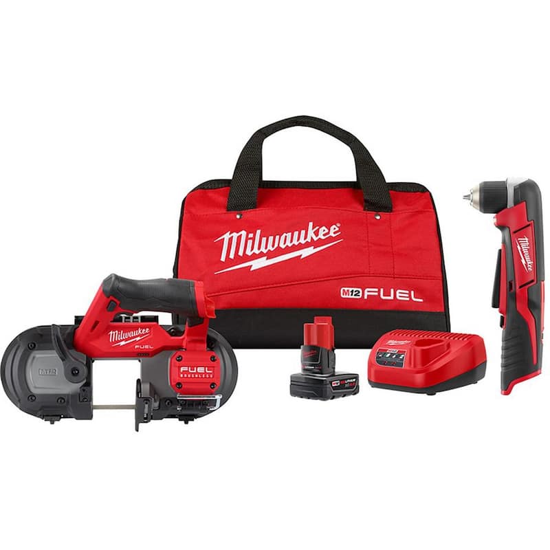 Kit de Sierra de Cinta Compacta Inalámbrica Milwaukee M12 FUEL 12V de Iones de Litio XC con Taladro de Ángulo Recto Inalámbrico de 3/8 pulgadas M12 de Iones de Litio - 2529-21XC-2415-20