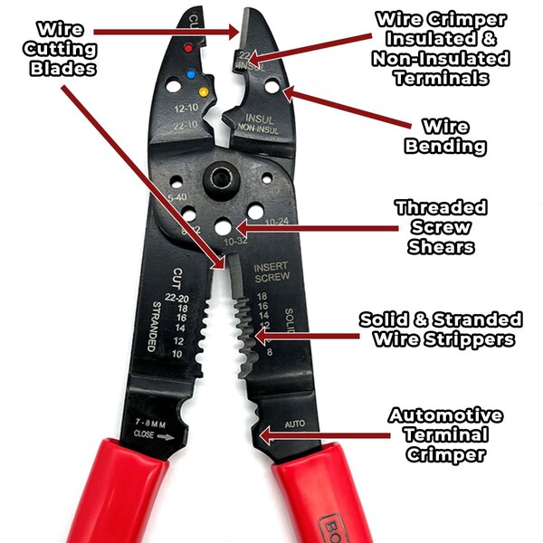 Boltsandnuts.Com 7 in 1 Electric Wire Multi-Tool Stripper Crimper Bender Cutter Pliers - T-EL-CRIMP