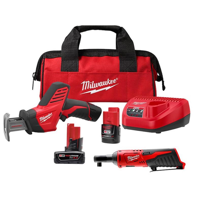 Milwaukee M12 12V Lithium-Ion HACKZALL Kit de Sierra de Sable Inalámbrica con Llave de Trinquete de 3/8 de pulgada M12 y Paquete de Batería XC de 6.0 Ah - 2420-21-2457-20-48-11-2460