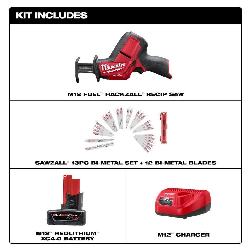 Milwaukee M12 FUEL 12V Li-Ion Brushless Cordless HACKZALL Reciprocating Saw Kit con (1) batería de 4.0Ah, cargador, bolsa y juego de cuchillas (25 piezas) - 2520-21XC-49-22-1113S