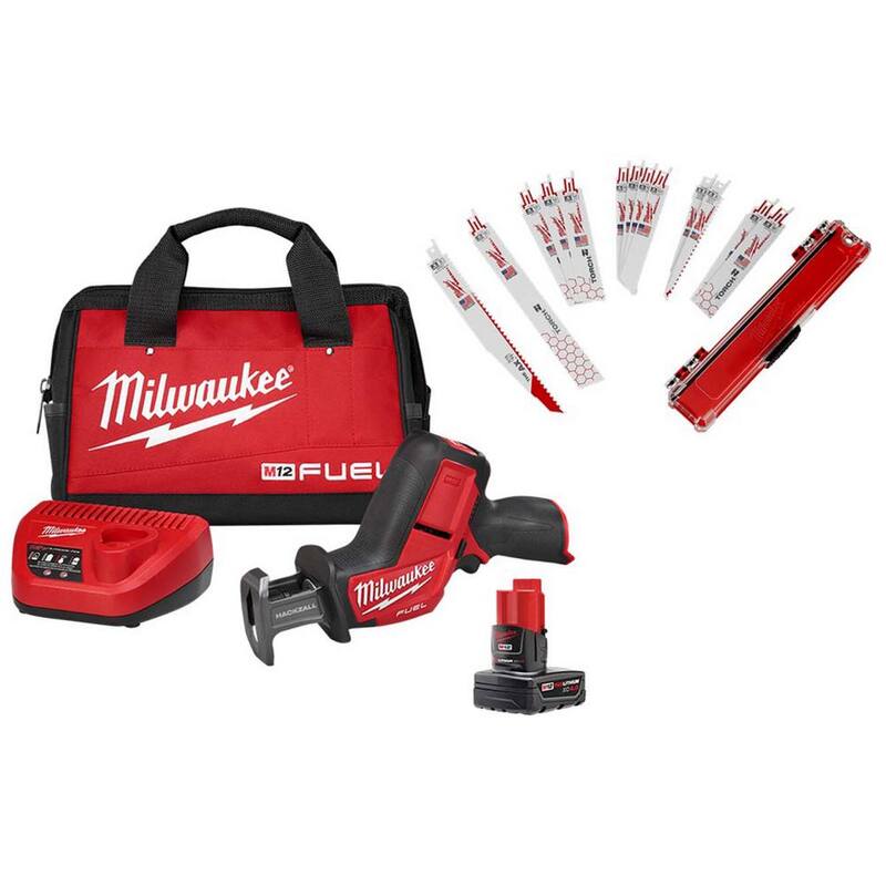 Milwaukee M12 FUEL 12V Li-Ion Brushless Cordless HACKZALL Reciprocating Saw Kit con (1) batería de 4.0Ah, cargador, bolsa y juego de cuchillas (25 piezas) - 2520-21XC-49-22-1113S