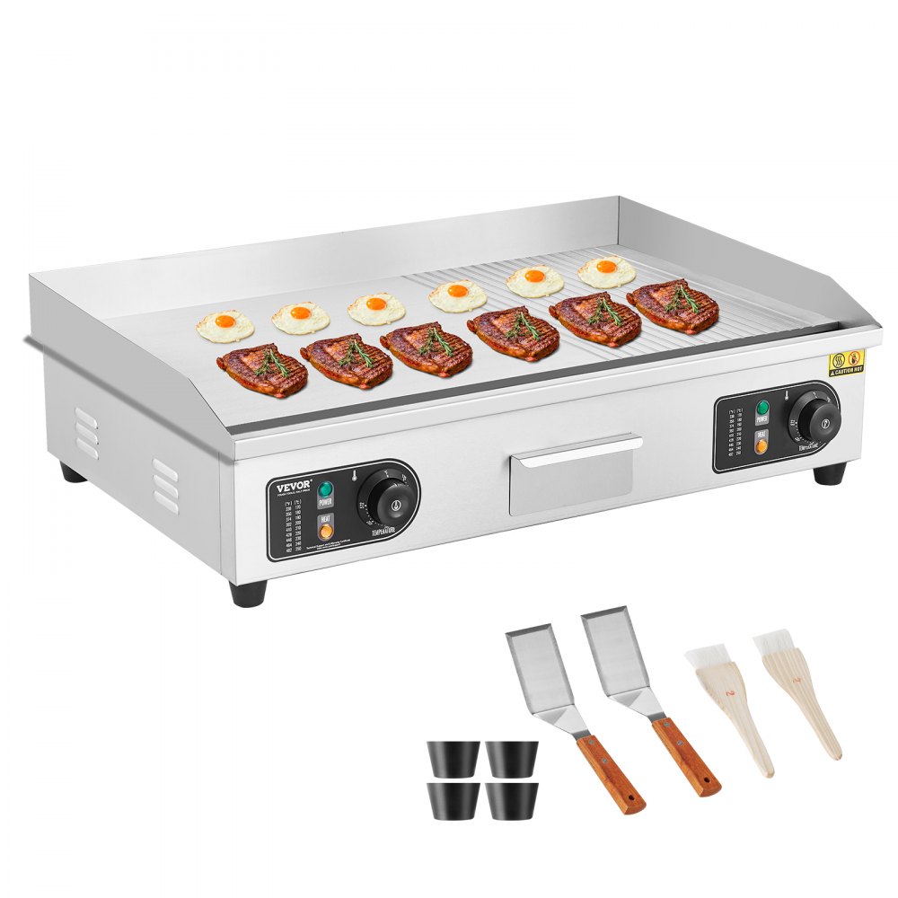 VEVOR Commercial Electric Griddle, 2800W Countertop Half-Flat Top Grill, 122℉-572℉ Adjustable Temp, 28.74x15.75x0.39in Stainless Steel Griddle Grill with 2 Shovels and 2 Brushes for Home or Restaurant - SYKDBLBPK10MPSZ2EV1