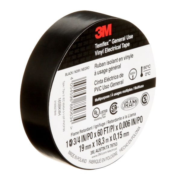 Cinta eléctrica de vinilo 3M, 165 Temflex, 3/4 pulg. An x 60 pies L, 6 mil de grosor, negro, paquete de 1 - 165BK4A