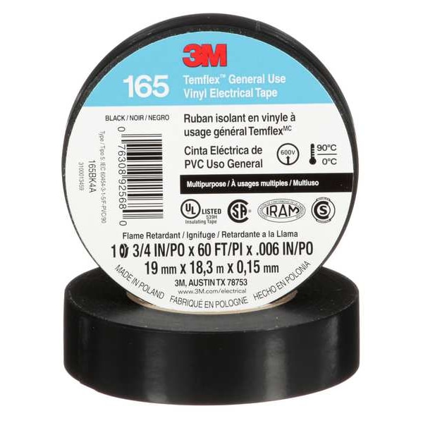 Cinta eléctrica de vinilo 3M, 165 Temflex, 3/4 pulg. An x 60 pies L, 6 mil de grosor, negro, paquete de 1 - 165BK4A