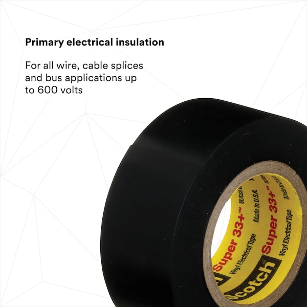Cinta Eléctrica de Vinilo 3M, 3/4 pulgadas de ancho x 20 pies de largo, 7 mil de grosor, negro, Scotch Super 33+, paquete de 10 - 33+SUPER-3/4X20FT