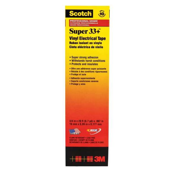 Cinta Eléctrica de Vinilo 3M, 3/4 pulgadas de ancho x 20 pies de largo, 7 mil de grosor, negro, Scotch Super 33+, paquete de 10 - 33+SUPER-3/4X20FT
