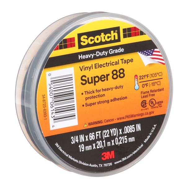 Cinta eléctrica de vinilo, Super 88, Scotch, 3/4 pulgadas de longitud x 66 pies de longitud, 8.5 mil de grosor, color negro, 1 paquete - 88-Super-3/4x66FT.