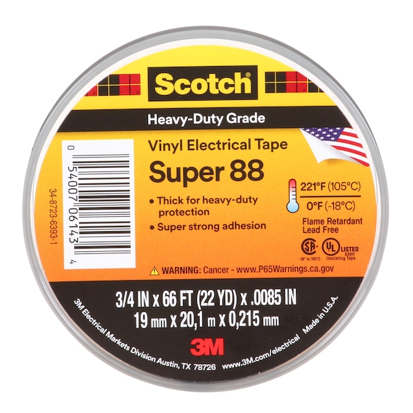 Cinta eléctrica de vinilo, Super 88, Scotch, 3/4 pulgadas de longitud x 66 pies de longitud, 8.5 mil de grosor, color negro, 1 paquete - 88-Super-3/4x66FT.