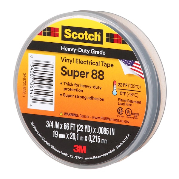 Cinta eléctrica de vinilo, Super 88, Scotch, 3/4 pulgadas de longitud x 66 pies de longitud, 8.5 mil de grosor, color negro, 1 paquete - 88-Super-3/4x66FT.