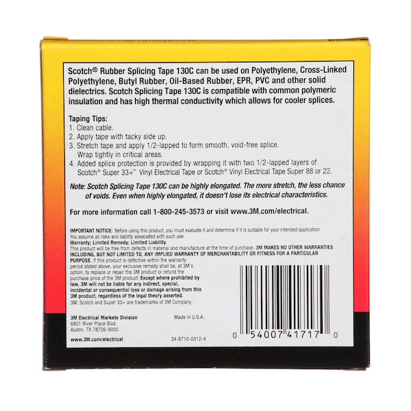 Cinta de empalme de hule 3M, 130C, Scotch, 3/4 pulgadas de ancho x 30 pies de longitud, 30 milésimas de pulgada de grosor, negro, 1 paquete - 130C-3/4X30FT