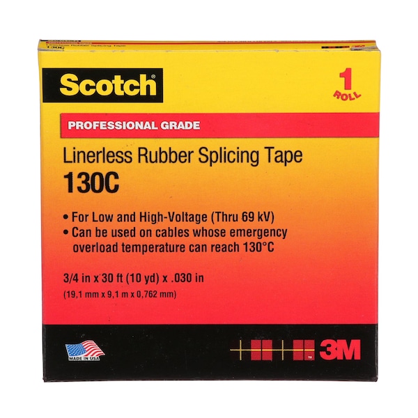 Cinta de empalme de hule 3M, 130C, Scotch, 3/4 pulgadas de ancho x 30 pies de longitud, 30 milésimas de pulgada de grosor, negro, 1 paquete - 130C-3/4X30FT