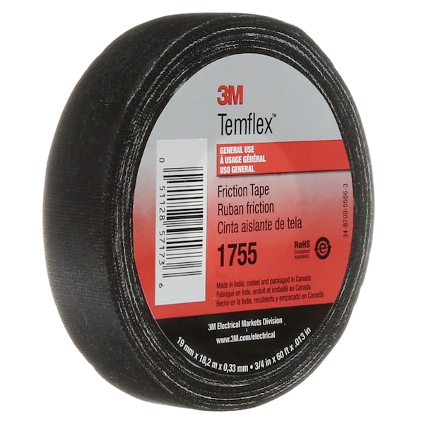 Cinta de fricción eléctrica 3M, 1755, Temflex, 3/4 pulg. de ancho x 60 pies de largo, 13 mil de grosor, de algodón, color negro, 1 paquete - 1755 3/4"X60'