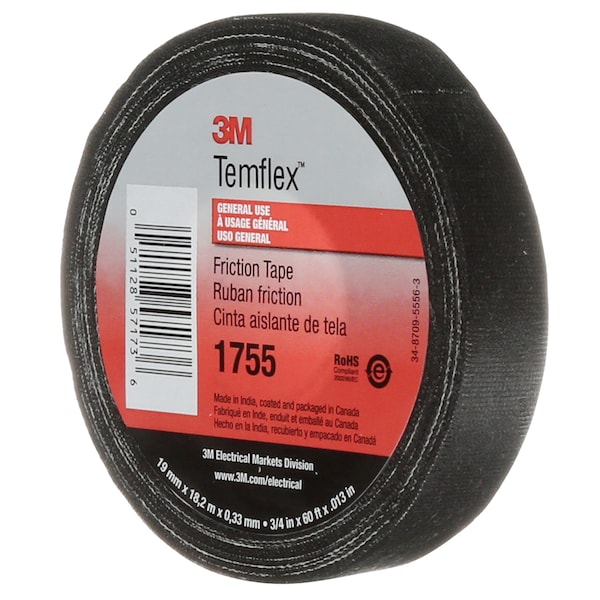 Cinta de fricción eléctrica 3M, 1755, Temflex, 3/4 pulg. de ancho x 60 pies de largo, 13 mil de grosor, de algodón, color negro, 1 paquete - 1755 3/4"X60'