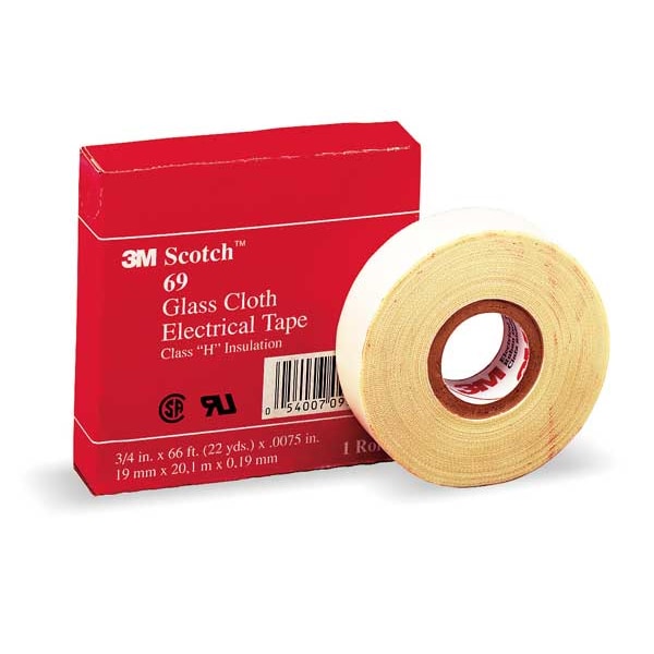Cinta eléctrica de tela de vidrio 3M, 69, Scotch, 3/4 in de ancho x 66 ft de largo, 7 mil de grosor, blanco, 1 paquete - 69-3/4"X66'