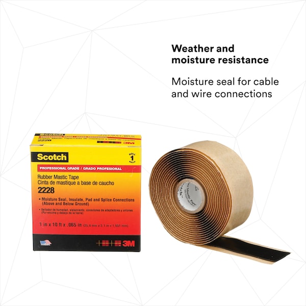 Cinta de hule mastic de 3M, 2228, Scotch, 1 pulgada de ancho x 10 pies de largo, 65 milésimas de grosor, negro, 1 paquete - 2228-1X10FT