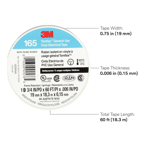 Cinta eléctrica de vinilo 3M, 165, Temflex, 3/4 in de ancho x 60 pies de largo, 6 mil de espesor, blanco, 1 paquete - 165WH4A