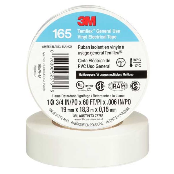 Cinta eléctrica de vinilo 3M, 165, Temflex, 3/4 in de ancho x 60 pies de largo, 6 mil de espesor, blanco, 1 paquete - 165WH4A