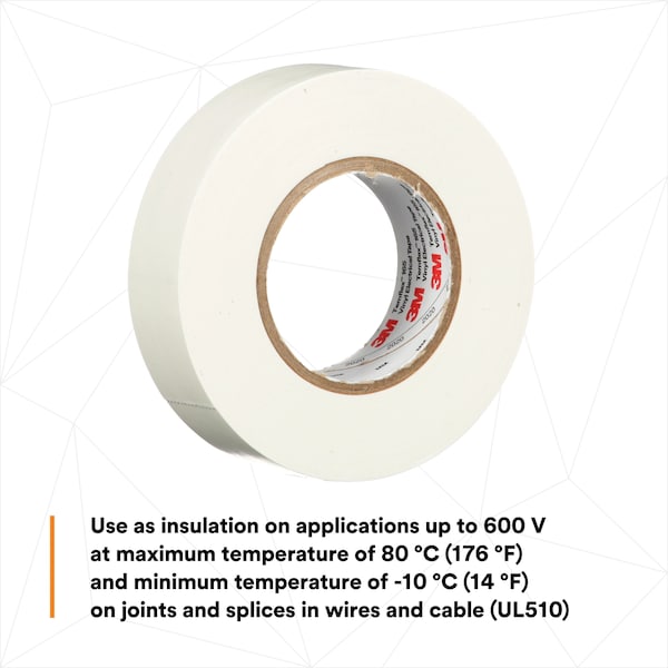 Cinta eléctrica de vinilo 3M, 165, Temflex, 3/4 in de ancho x 60 pies de largo, 6 mil de espesor, blanco, 1 paquete - 165WH4A