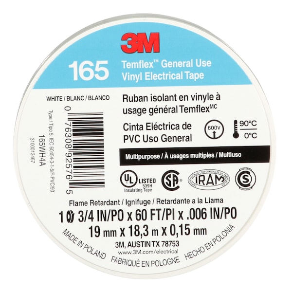Cinta eléctrica de vinilo 3M, 165, Temflex, 3/4 in de ancho x 60 pies de largo, 6 mil de espesor, blanco, 1 paquete - 165WH4A