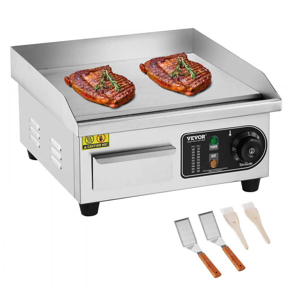 VEVOR Commercial Electric Griddle, 1700W Countertop Flat Top Grill, 122℉-572 ℉ Adjustable Temp, 14.17 x 11.81 x 0.39in Stainless Steel Griddle Grill with 2 Shovels and 2 Brushes for Home or Restaurant - SYKDBLQP10MMJNSY4V1