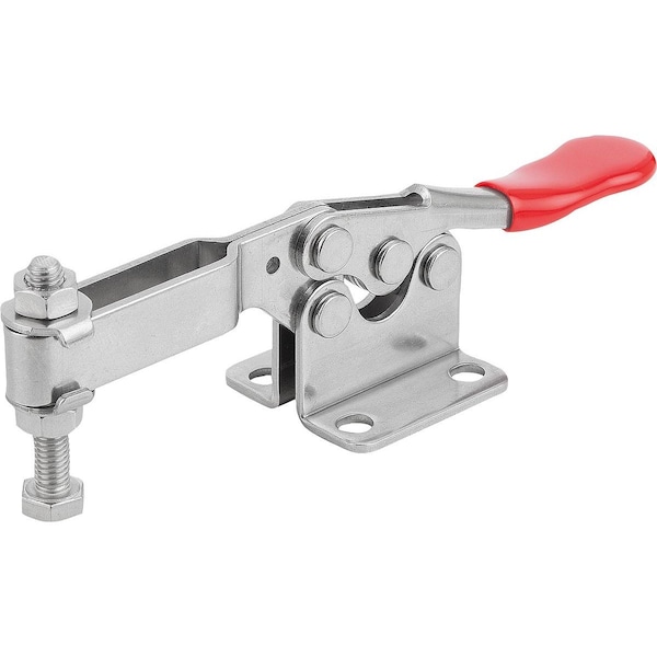 Kipp Toggle Clamp Std L=143, 5, Form:B Stainless Steel, Horizontal Foot, Comp:Plastic, Comp:Red, F2=2000 - K1240.122000
