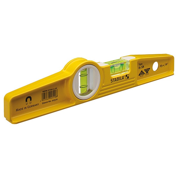Stabila Torpedo Level, Aluminum, 10 in L, 2 Vials - 25100