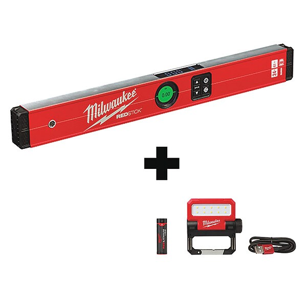 Milwaukee Tool REDLITHIUM USB ROVER Pivoting Flood Light + 24" REDSTICK Digital Level w/ PINPOINT Measurement - MLDIG24, 2114-21
