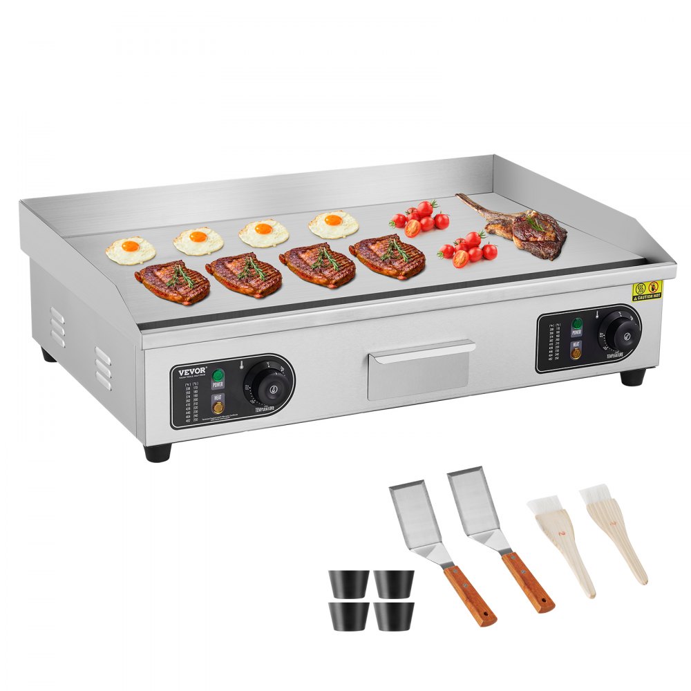 VEVOR Commercial Electric Griddle, 2800W Countertop Flat Top Grill, 122℉-572 ℉ Adjustable Temp, 28.74 x 15.75 x 0.39in Stainless Steel Griddle Grill with 2 Shovels and 2 Brushes for Home or Restaurant - SYKDBLQP10MM45CAXV1