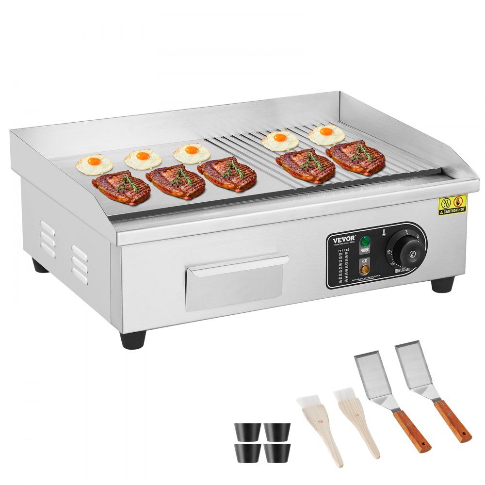 VEVOR Commercial Electric Griddle, 1600W Countertop Half-Flat Top Grill, 122℉-572℉ Adjustable Temp, 21.26x11.81x0.39in Stainless Steel Griddle Grill with 2 Shovels and 2 Brushes for Home or Restaurant - SYKDBLBPK10MCQ8TTV1