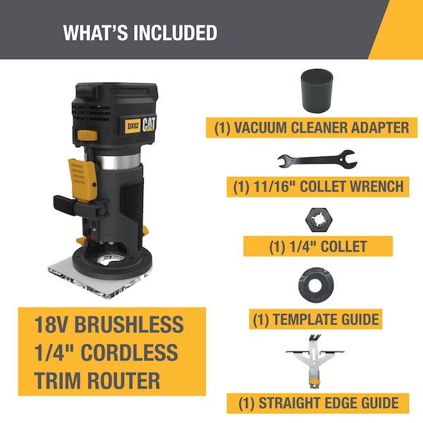 Caterpillar Cat 18V Brushless 1/4 in. Cordless Trim Router, Tool Only - DX82B