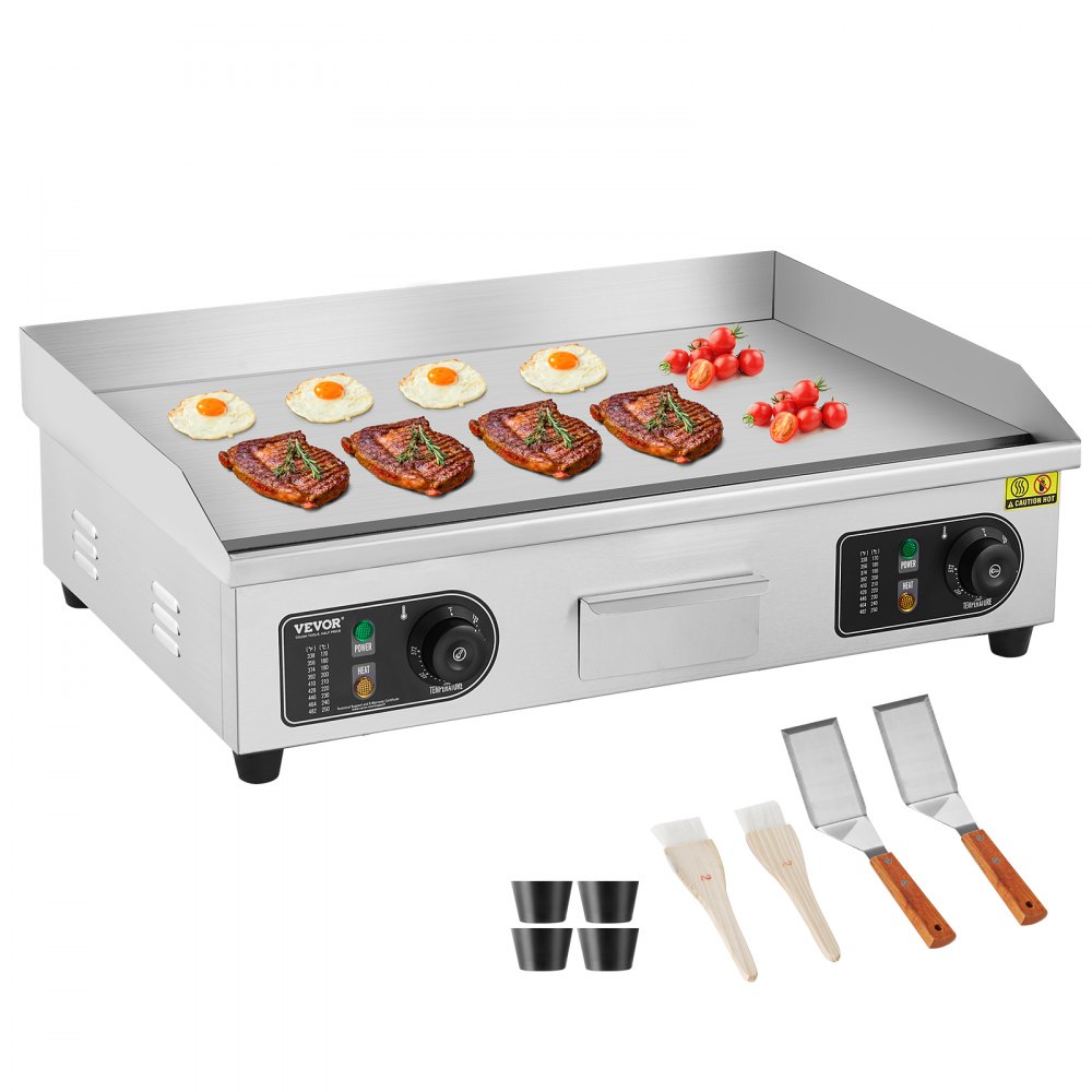 VEVOR Commercial Electric Griddle, 2800W Countertop Flat Top Grill, 122℉-572 ℉ Adjustable Temp, 25.98 x 15.75 x 0.39in Stainless Steel Griddle Grill with 2 Shovels and 2 Brushes for Home or Restaurant - SYKDBLQP10MMUMRDKV1