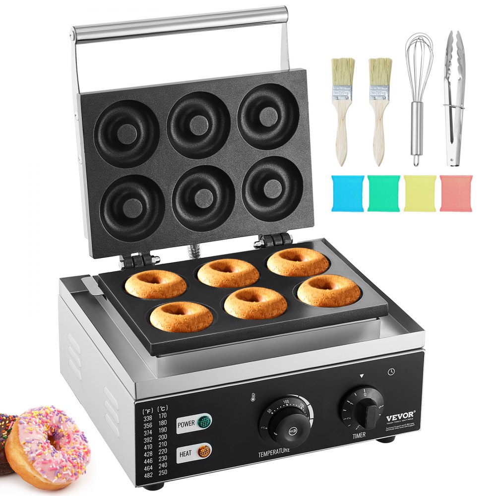 VEVOR Electric Donut Maker, 1550W Commercial Doughnut Machine with Non-stick Surface, 6 Holes Double-Sided Heating Waffle Machine Makes 6 Doughnuts, Temperature 122-572℉, for Restaurant and Home Use - XXSYTTQJ110VVLHYRV1