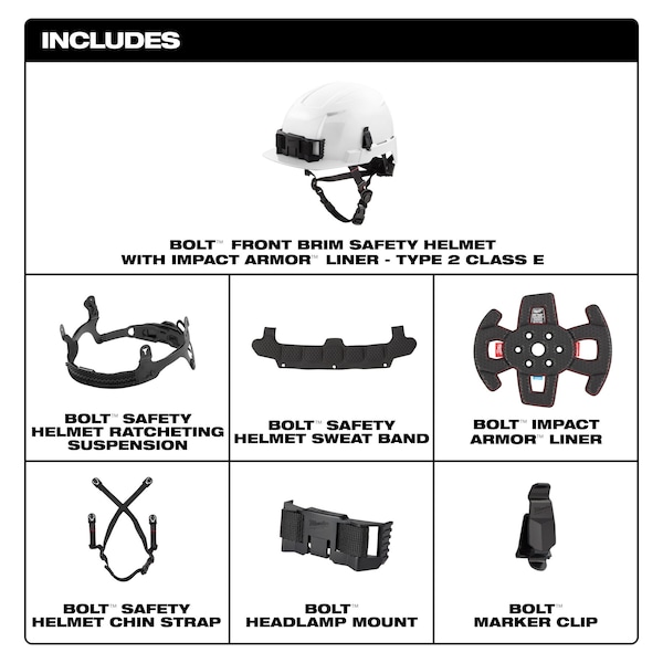 Milwaukee Tool BOLT Black Front Brim Safety Helmet with IMPACT ARMOR Liner - Type 2, Class E - 48-73-1375